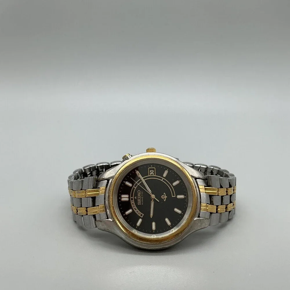 Seiko Kinetic Mens Watch 38mm Black Dial Date 5M42-0A19 New Capacitor 8